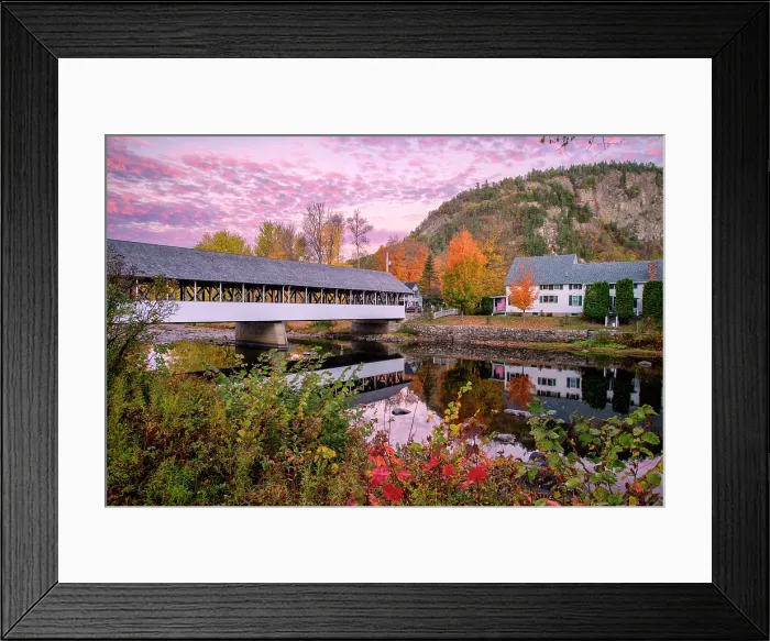 Framed Print : USA, New England, New Hampshire, Coos County, Upper Ammonoosuc River, Stark, covered bridge, sunrise