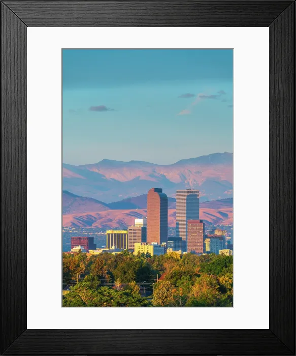 Framed Print : USA, Colorado, Denver, skyline with Rocky Mountains Front Range beyond