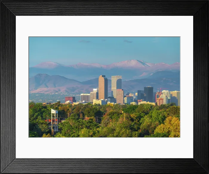 Framed Print : USA, Colorado, Denver, skyline with Rocky Mountains Front Range beyond Framed Print : USA, Colorado, Denver, skyline with Rocky Mountains Front Range beyond