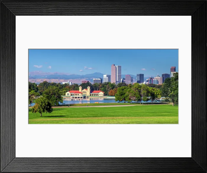 Framed Print : USA, Colorado, Denver skyline, City Park, City Park Pavillion and Ferril Lake, Rocky Mountains Front Range beyond Framed Print : USA, Colorado, Denver skyline, City Park, City Park Pavillion and Ferril Lake, Rocky Mountains Front Range beyond