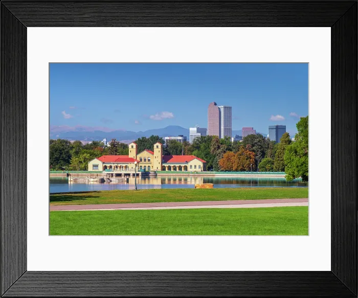 Framed Print : USA, Colorado, Denver skyline, City Park, City Park Pavillion and Ferril Lake, Rocky Mountains Front Range beyond Framed Print : USA, Colorado, Denver skyline, City Park, City Park Pavillion and Ferril Lake, Rocky Mountains Front Range beyond