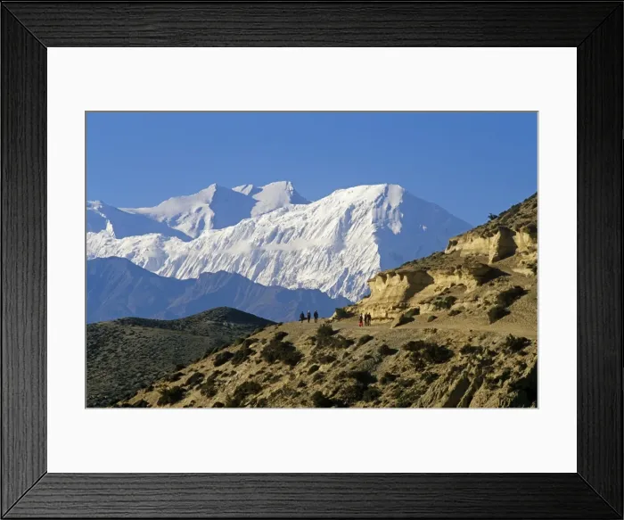 Framed Print : Nepal, Himalaya, Mustang. Trekkers on the main Mustang trail with the Annapurna massif soaring on Framed Print : Nepal, Himalaya, Mustang. Trekkers on the main Mustang trail with the Annapurna massif soaring on