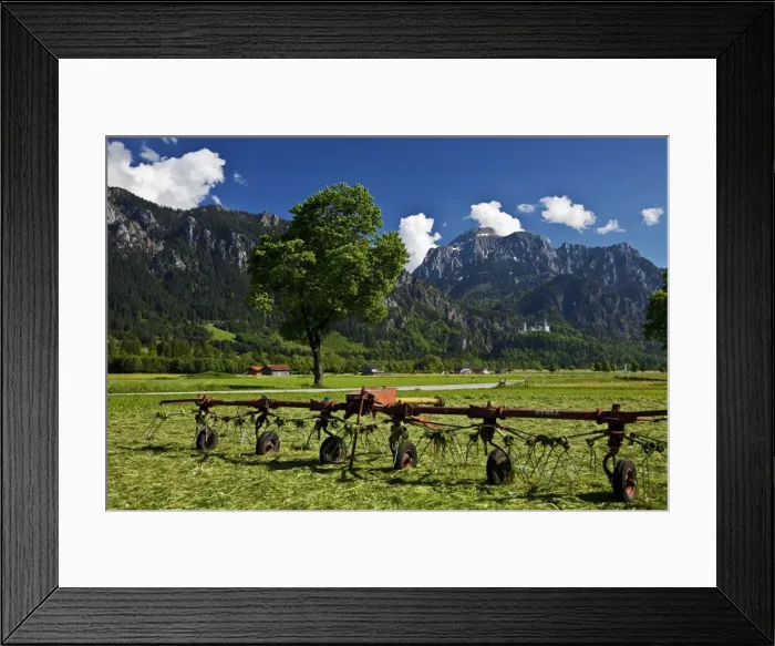 Framed Print : Neuschwanstein Castle in the distance with Farming equipment in the foreground Framed Print : Neuschwanstein Castle in the distance with Farming equipment in the foreground