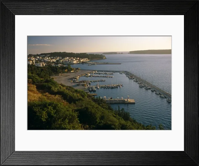 Framed Print : Greece, Peloponnese, Messinia, Pylos. Pyloss marina lies to one side of this coastal town which faces Navarino Bay, or Framed Print : Greece, Peloponnese, Messinia, Pylos. Pyloss marina lies to one side of this coastal town which faces Navarino Bay, or