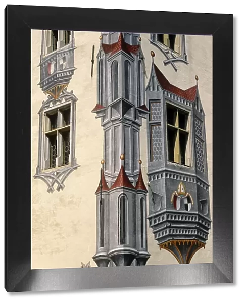 Germany, Bavaria, Fussen. Trompe l oeil painting exaggerates the external appearance of parts of the Hohes Schloss, or High Castle, of Fussen. Formerly the summer residence of the Prince Bishops of Augsburg and now partly used as an