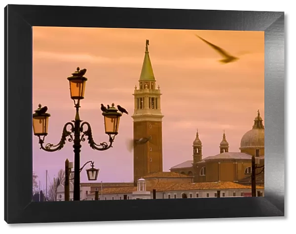 Venice, Veneto, Italy; Along the bacino the San Marco detail of San Giorgio Maggiore in the background