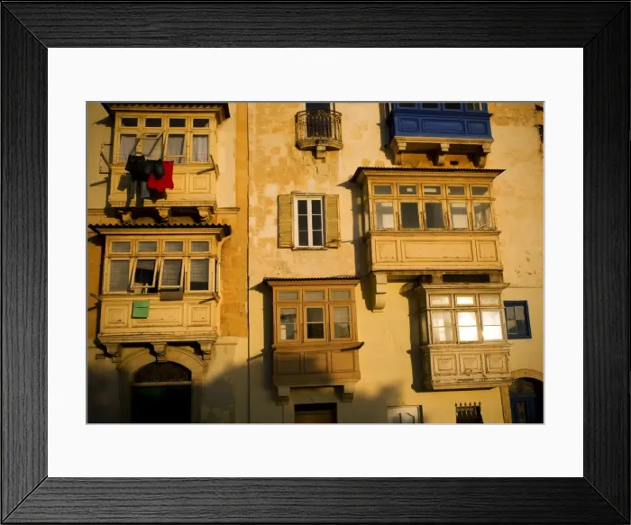 Framed Print : Malta, Europe; Traditional Maltese balconies in the last light of the day in Valletta Framed Print : Malta, Europe; Traditional Maltese balconies in the last light of the day in Valletta