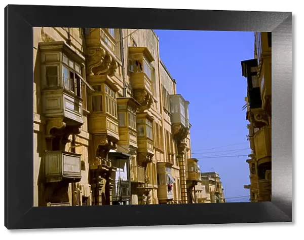 Malta, Valletta, Europe; Traditional Maltese balconies ornate the streets of the capital Valletta