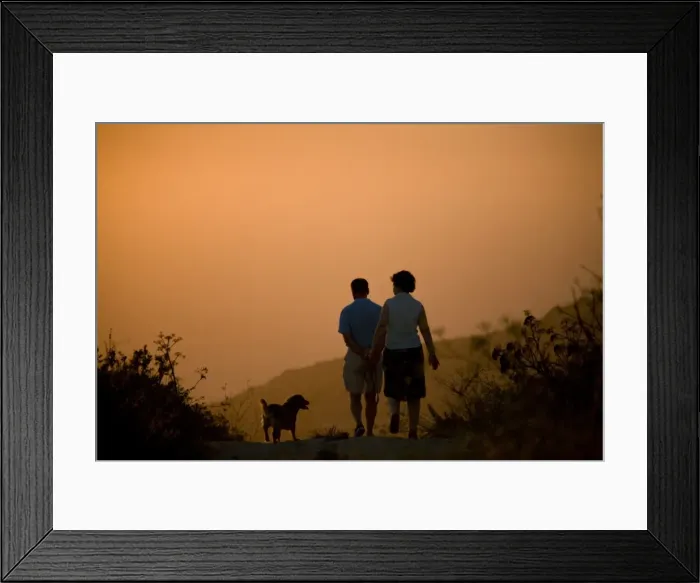 Framed Print : Malta, Dingli, Europe; A couple walking their dog on Dingli Cliffs during sunset Framed Print : Malta, Dingli, Europe; A couple walking their dog on Dingli Cliffs during sunset