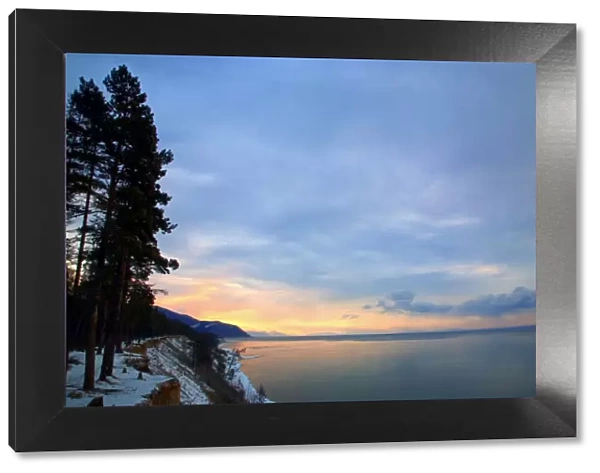 Russia, Siberia, Baikal; Morning light on Lake Bakal partly frozen in winter
