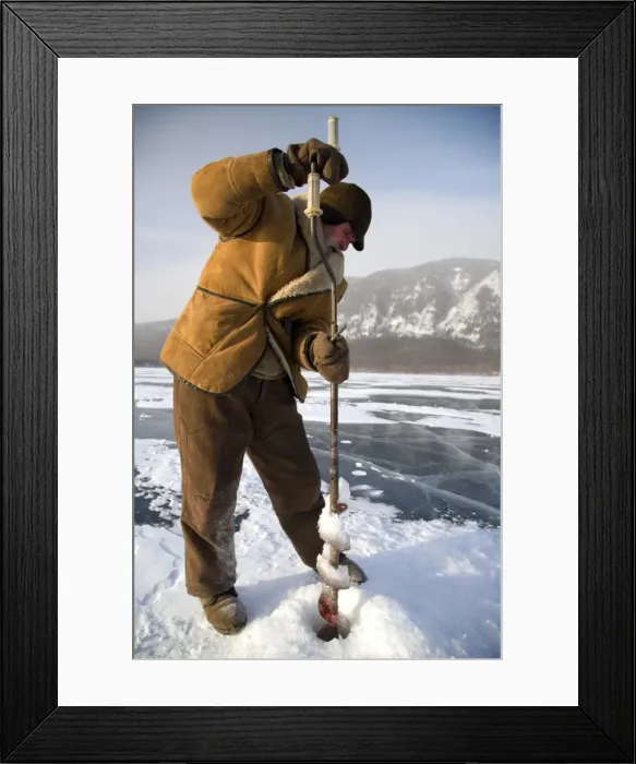 Framed Print : Russia, Siberia, Baikal; Undergoing preparations for fishing on frozen lake baikal in winter Framed Print : Russia, Siberia, Baikal; Undergoing preparations for fishing on frozen lake baikal in winter
