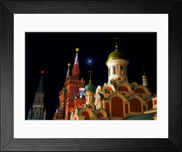 Framed Print : Moscow, Russia; Kazan Cathedral and towers from the History Museum in Red Square at night Framed Print : Moscow, Russia; Kazan Cathedral and towers from the History Museum in Red Square at night