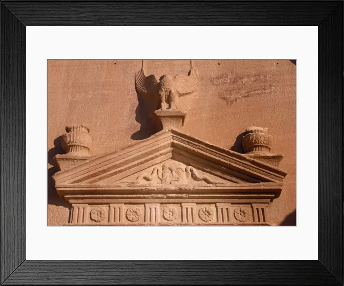 Framed Print : Saudi Arabia, Madinah, nr. Al-Ula, Madain Saleh (aka Hegra). Decorative carvings including a Framed Print : Saudi Arabia, Madinah, nr. Al-Ula, Madain Saleh (aka Hegra). Decorative carvings including a