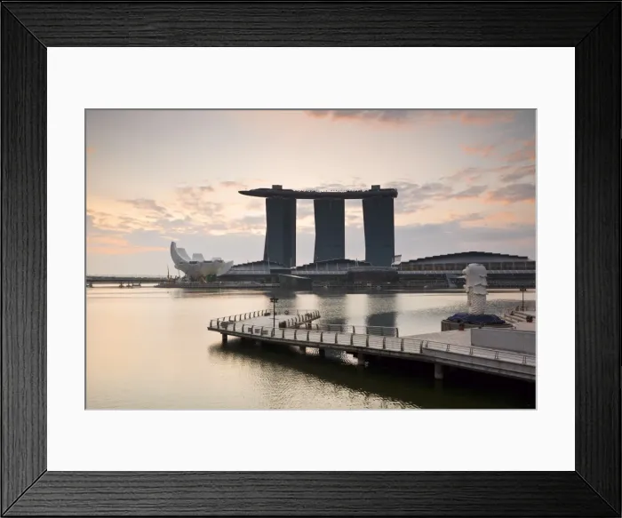Framed Print : Singapore, Singapore, Marina Bay. The Merlion Statue at dawn, with the Marina Bay Sands in the background
