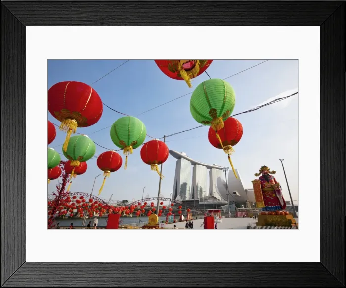 Framed Print : Singapore, Singapore, Marina Bay. River Hongbao Chinese New Year decorations with Marina Bay Sands Hotel