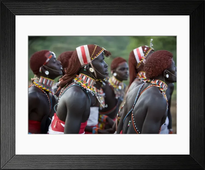 Framed Print : Kenya, Laikipia, Ol Malo. Samburu warriors sing, clap and dance in their traditional dress at a manyatta Framed Print : Kenya, Laikipia, Ol Malo. Samburu warriors sing, clap and dance in their traditional dress at a manyatta