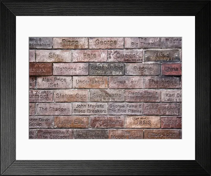 Framed Print : Inscriptions of musicians and bands. Mathew Street, Liverpool, England, UK