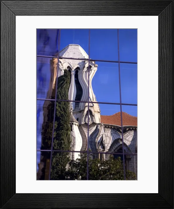 Framed Print : France, Cote D Azur, Nice; A distorted reflection of the Eglise Notre Dame Framed Print : France, Cote D Azur, Nice; A distorted reflection of the Eglise Notre Dame
