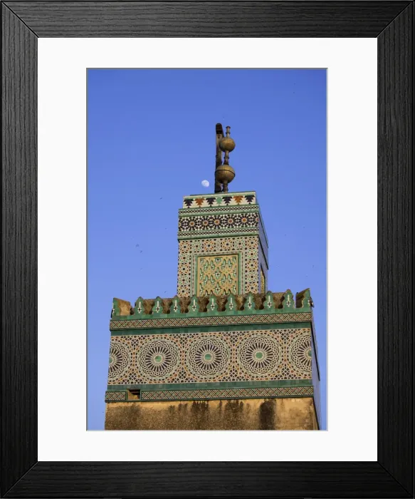 Framed Print : A Minaret with the early moon in the background; Old Medina in Fes, Morocco Framed Print : A Minaret with the early moon in the background; Old Medina in Fes, Morocco