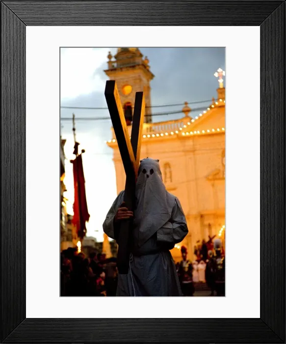 Framed Print : Europe, Malta, Qormi; A caped cross bearer walking barefoot during the Good Friday Processions Framed Print : Europe, Malta, Qormi; A caped cross bearer walking barefoot during the Good Friday Processions