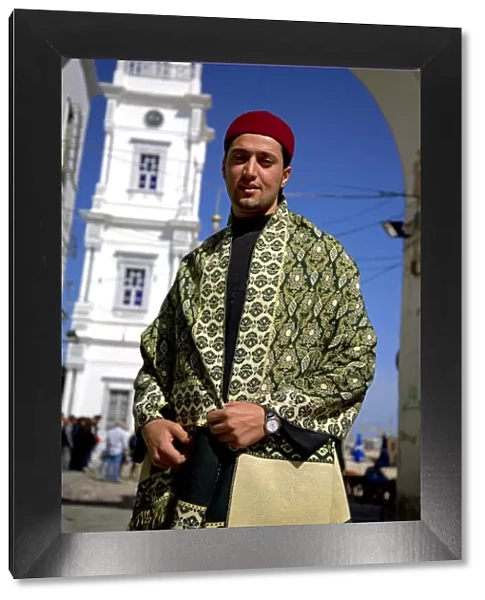 Libya, Tripolitania, Tripoli; A man in Libyan costume, during the Mawlid festivities celebrating Prophet