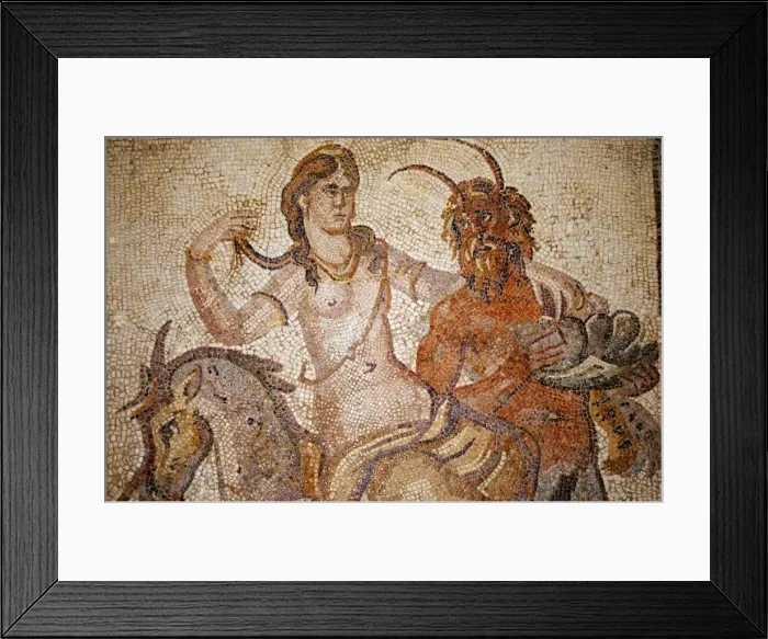Framed Print : Libya, Cyrene. Mosaic of Nymph and Satyr from Villa of Jason Magnus in the museum