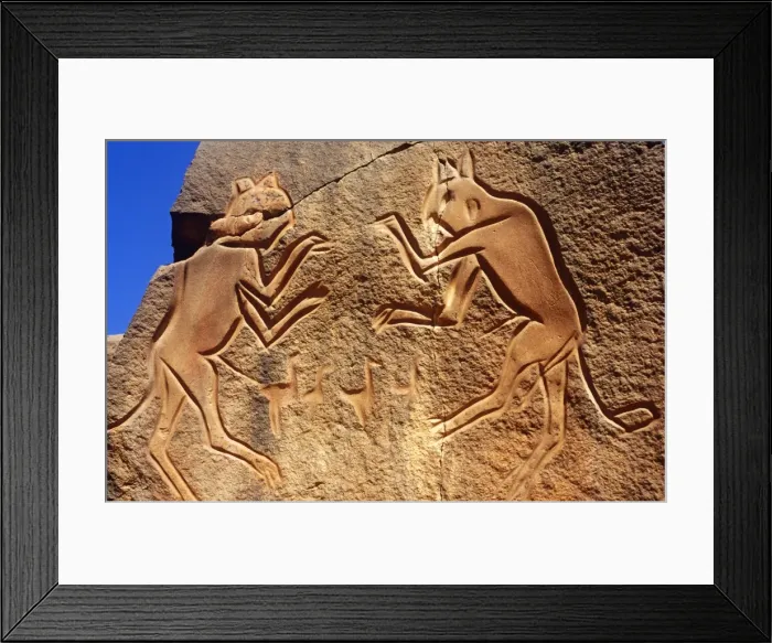Framed Print : Libya, Fezzan, Messak Settafet. A petroglyph of felines, known as the dancing cats -stands by a ledge high above Framed Print : Libya, Fezzan, Messak Settafet. A petroglyph of felines, known as the dancing cats -stands by a ledge high above