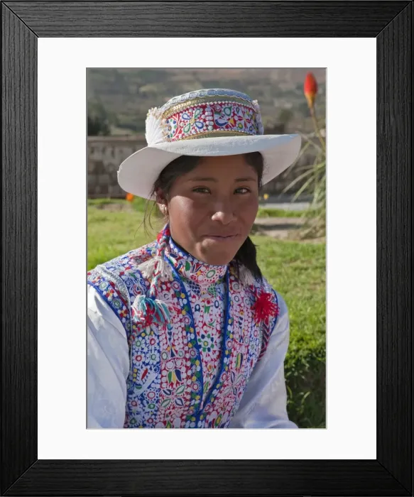 Framed Print : Peru, A Collaya women in traditional dress at the main square of Yanque Framed Print : Peru, A Collaya women in traditional dress at the main square of Yanque