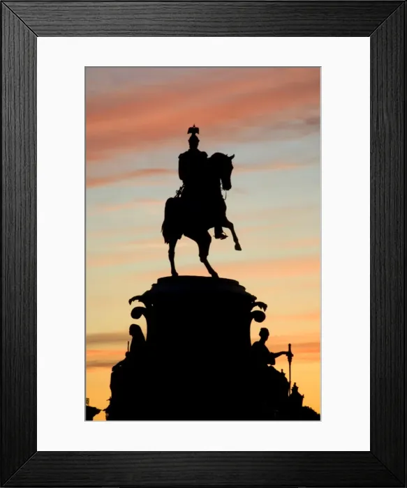 Framed Print : Russia, St. Petersburg; Silhoutte of Tsar Nicholas I monument against a dramatic evening light in Framed Print : Russia, St. Petersburg; Silhoutte of Tsar Nicholas I monument against a dramatic evening light in