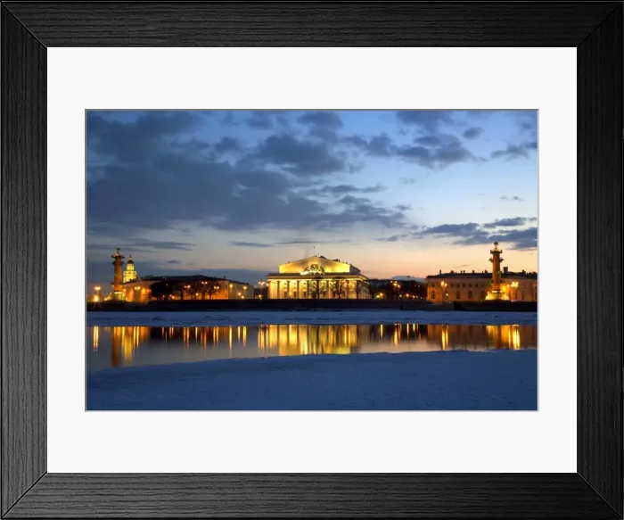 Framed Print : Russia, St. Petersburg;The partly frozen Neva River with the Maritime Musem & two rostral columns Framed Print : Russia, St. Petersburg;The partly frozen Neva River with the Maritime Musem & two rostral columns