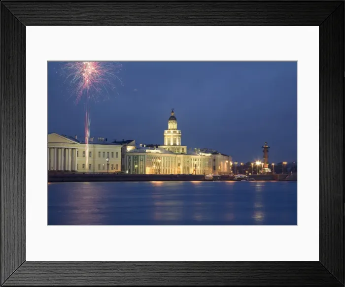 Framed Print : Russia, St. Petersburg; Across the Neva River with the Kunstkamera and a Rostral column while fireworks are Framed Print : Russia, St. Petersburg; Across the Neva River with the Kunstkamera and a Rostral column while fireworks are