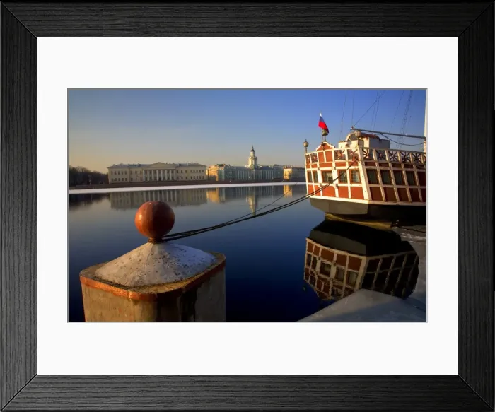 Framed Print : Russia, St. Petersburg; A wooden ship at pier on the partly frozen Neva River with the Kunstkamera in Framed Print : Russia, St. Petersburg; A wooden ship at pier on the partly frozen Neva River with the Kunstkamera in