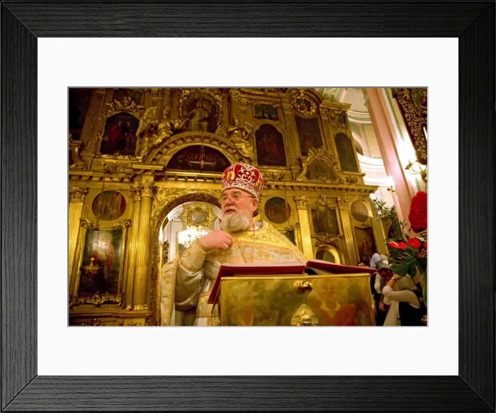 Framed Print : Russia; St. Petersburg; The High Priest talking to believers during the Russian Orthodox Easter ceremony