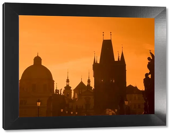 Czech Republic, Prague; Across Charles Bridge, Stare Mesto Bridge Tower, Church of St