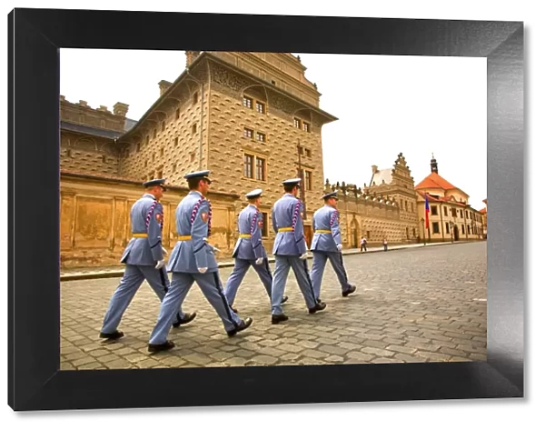 Czech Republic, Prague; Castle Guards marching in front of the Prague Castle
