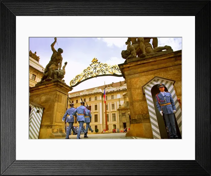 Framed Print : Czech Republic, Prague; A Castle Guard in uniform holding his post at the gate Framed Print : Czech Republic, Prague; A Castle Guard in uniform holding his post at the gate