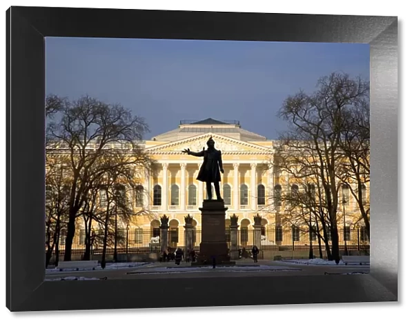 Russia, St. Petersburg; A sculpture of Russian Poet Alexander Pushkin, standing on Pushkinskaya Street