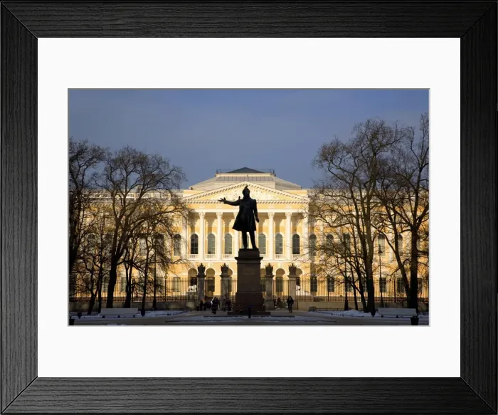 Framed Print : Russia, St. Petersburg; A sculpture of Russian Poet Alexander Pushkin, standing on Pushkinskaya Street