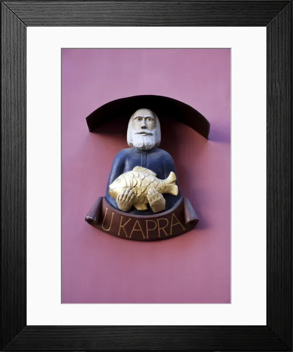 Framed Print : Czech Republic, Prague. The sign for Restaurant U Kapra, Prague