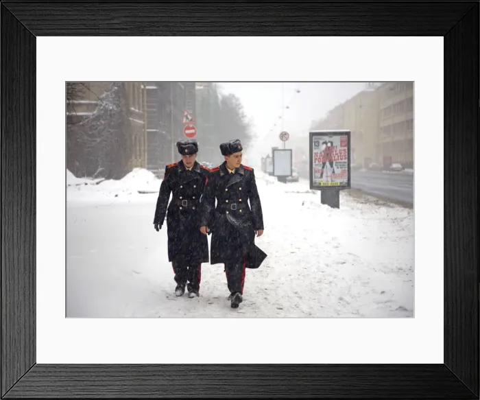 Framed Print : Russia, St. Petersburg; Two student soldiers walking in a snow storm Framed Print : Russia, St. Petersburg; Two student soldiers walking in a snow storm