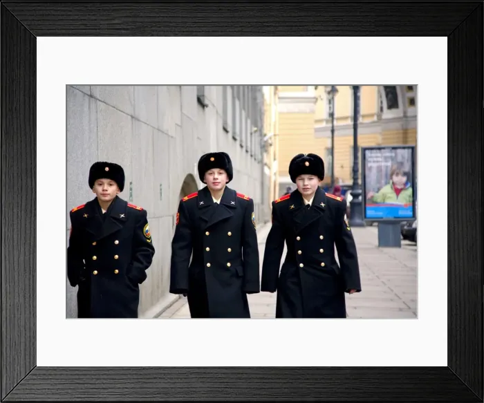 Framed Print : Russia, St. Petersburg; Three young cadets walking in the main streets of the city Framed Print : Russia, St. Petersburg; Three young cadets walking in the main streets of the city