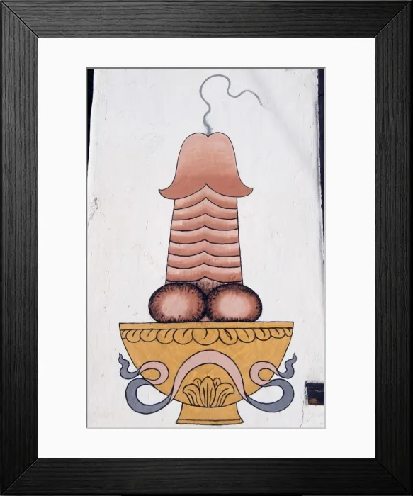 Framed Print : Asia, Bhutan, Phobjikha Valley, phallic painting on Hotel Gakiling Framed Print : Asia, Bhutan, Phobjikha Valley, phallic painting on Hotel Gakiling