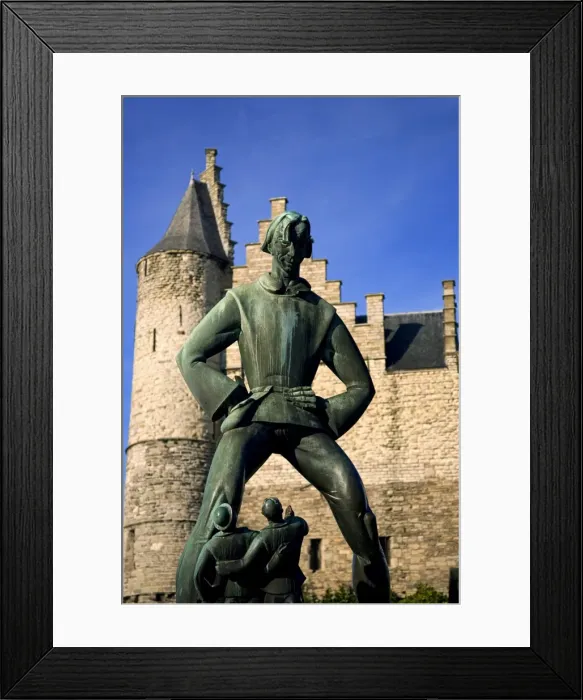 Framed Print : Belgium, Antwerp, Flanders, Europe; Scupture representing Giant Antigon at the Steen fortress Framed Print : Belgium, Antwerp, Flanders, Europe; Scupture representing Giant Antigon at the Steen fortress