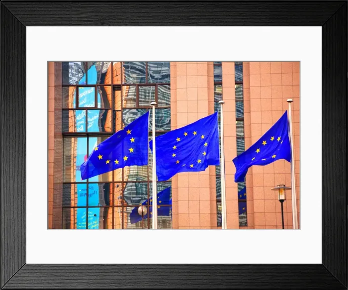 Framed Print : Belgium, Wallonia, Brussels; Three flags carrying the European Union emblem in front of the E Framed Print : Belgium, Wallonia, Brussels; Three flags carrying the European Union emblem in front of the E