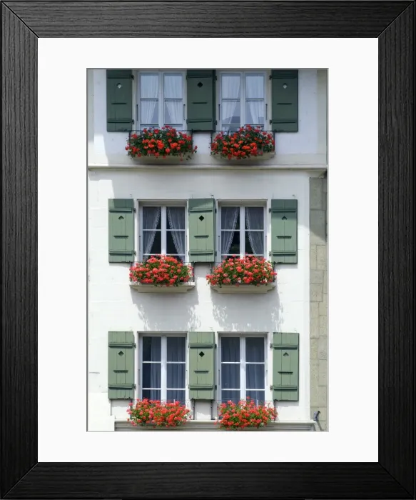 Framed Print : Front of a house with flowerboxes in Bern, Switzerland Framed Print : Front of a house with flowerboxes in Bern, Switzerland