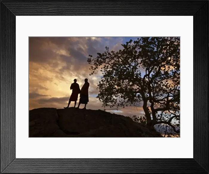 Framed Print : Two Msai men silhouetted on a hill at sunset Framed Print : Two Msai men silhouetted on a hill at sunset
