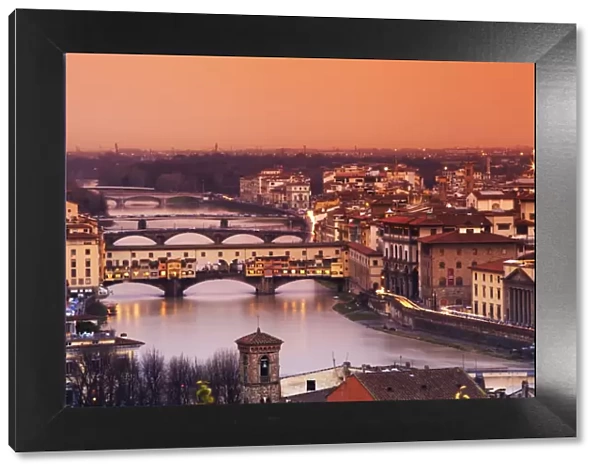 Italy, Florence, Tuscany, Western Europe; Ponte Vecchio and other bridges on the Arno river