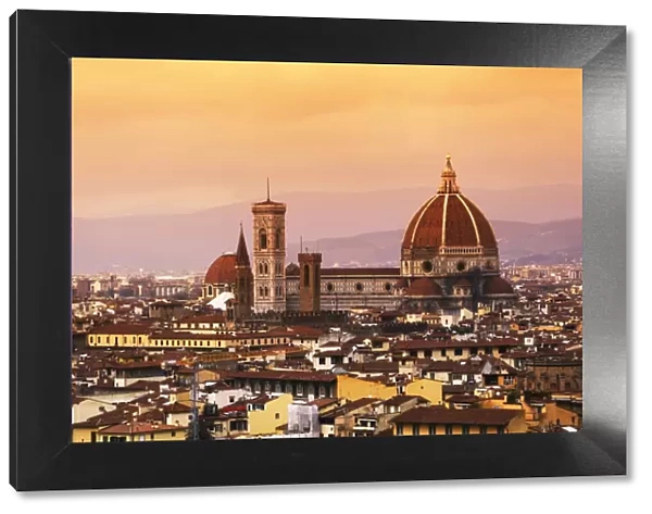 Italy, Florence, Tuscany, Western Europe; The Duomo of which the cupola is designed by famed Italian architect Brunelleschi and its surroundings, a Unesco World