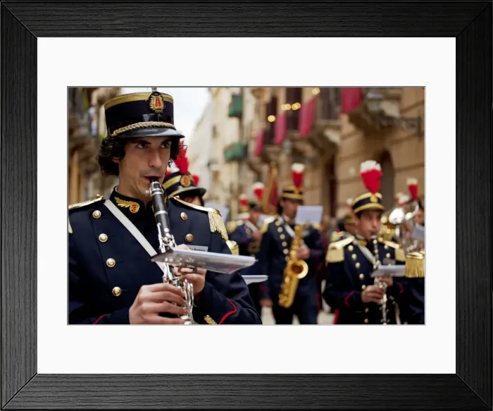 Framed Print : Sicily, Italy, Western Europe; A clarinettist, of the band members, during the Misteri procession Framed Print : Sicily, Italy, Western Europe; A clarinettist, of the band members, during the Misteri procession