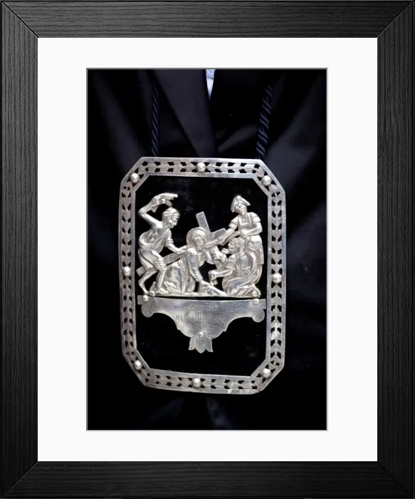 Framed Print : Sicily, Italy, Western Europe; A silver bass relief representing an episode of the Way of the Cross (Via Crucis), as part of the garment during the Misteri procession Framed Print : Sicily, Italy, Western Europe; A silver bass relief representing an episode of the Way of the Cross (Via Crucis), as part of the garment during the Misteri procession